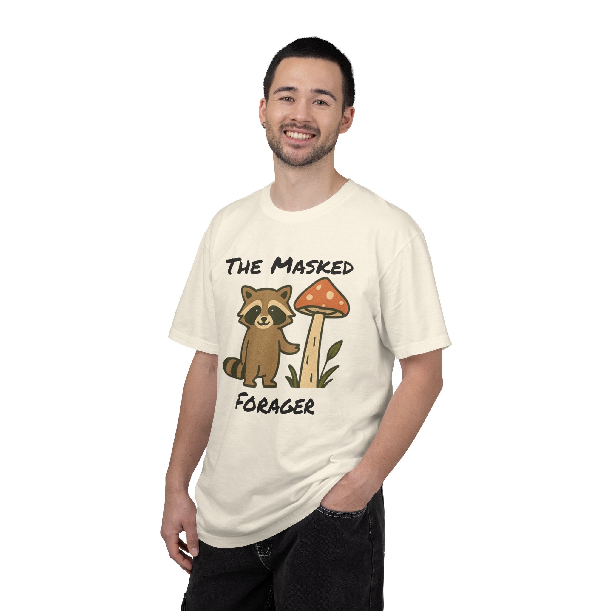 The Masked Forager T-Shirt — Cute Raccoon & Mushroom Foraging Tee