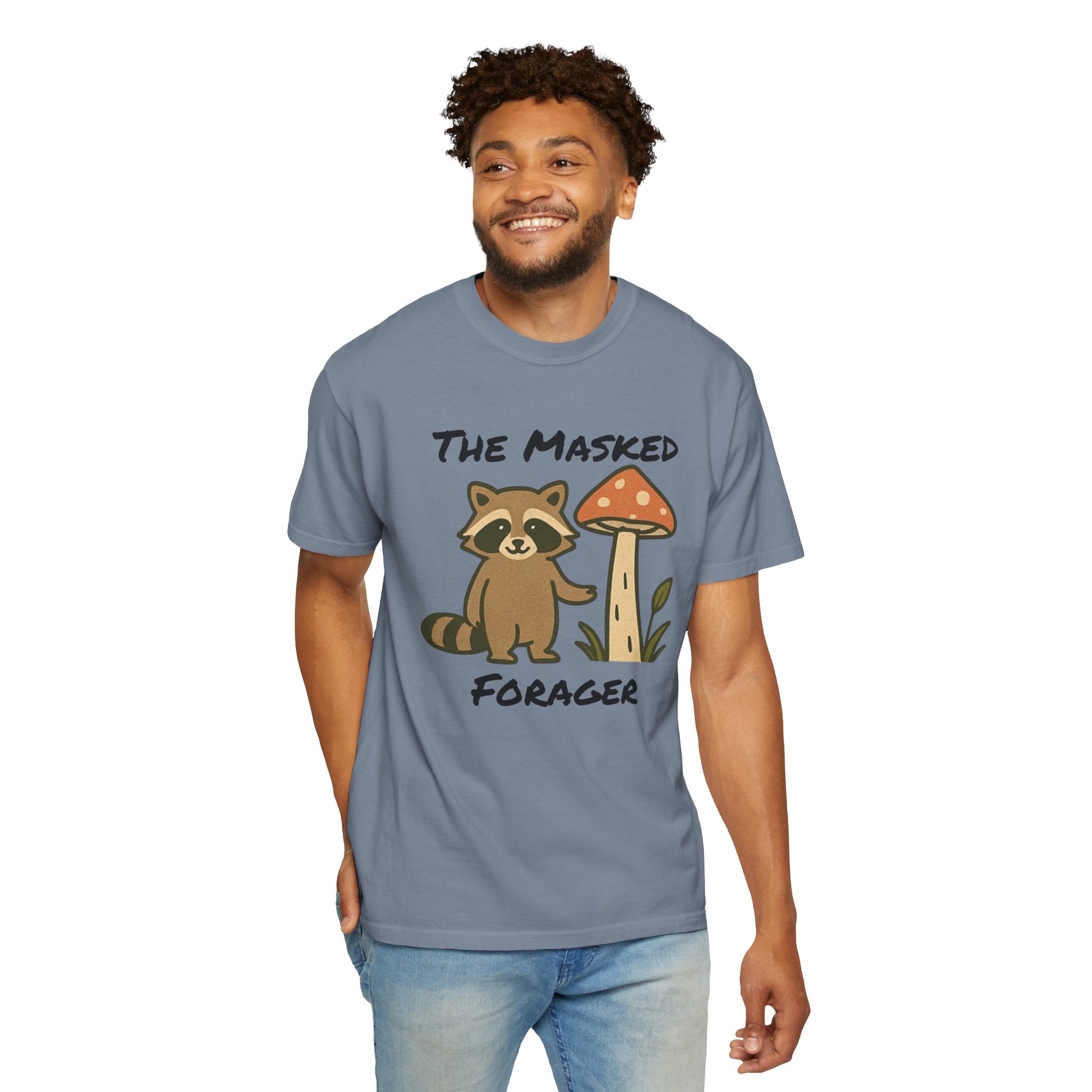 The Masked Forager T-Shirt — Cute Raccoon & Mushroom Foraging Tee