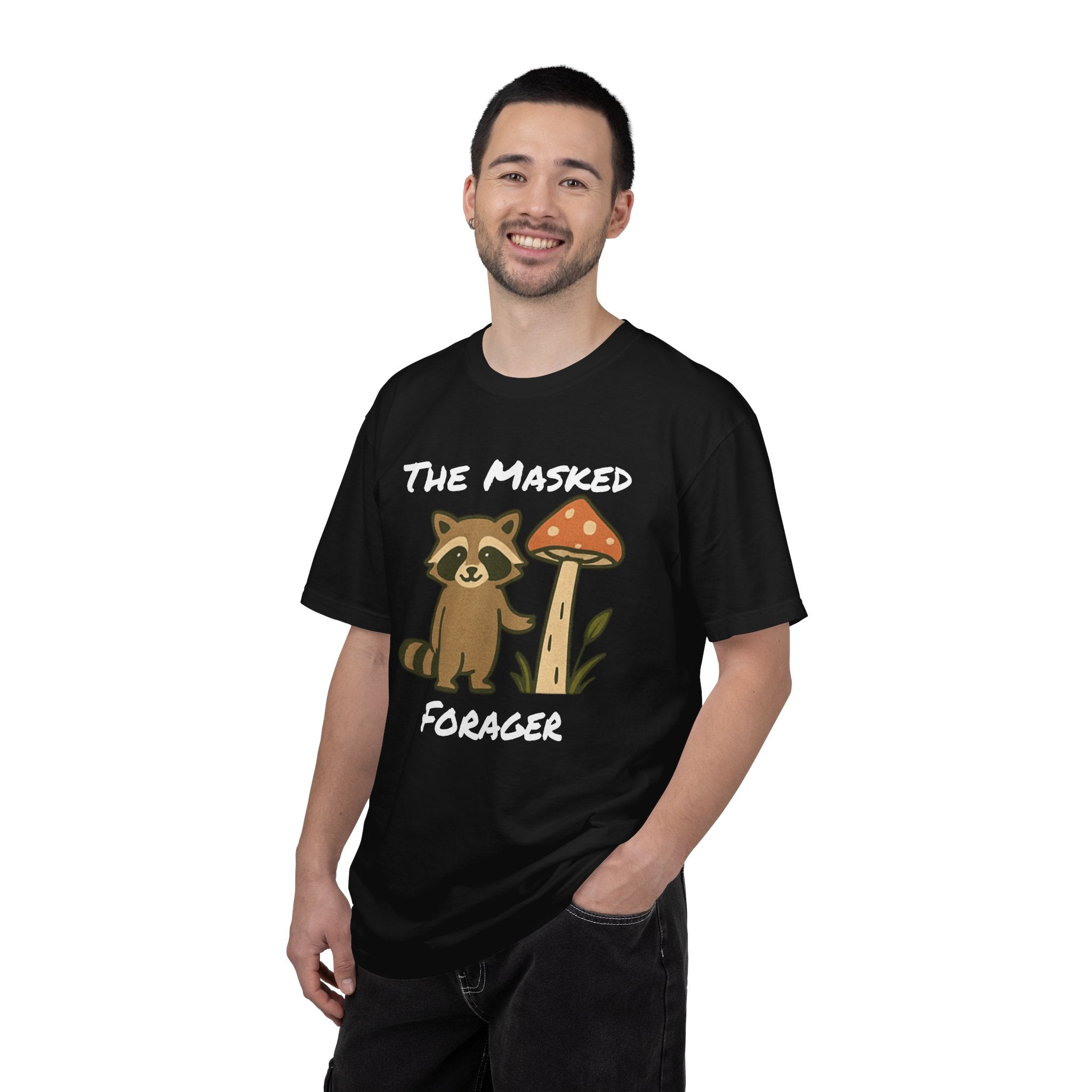 The Masked Forager T-Shirt — Cute Raccoon & Mushroom Foraging Tee