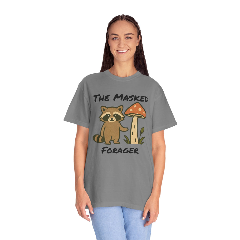 The Masked Forager T-Shirt — Cute Raccoon & Mushroom Foraging Tee