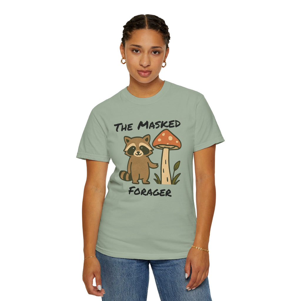 The Masked Forager T-Shirt — Cute Raccoon & Mushroom Foraging Tee