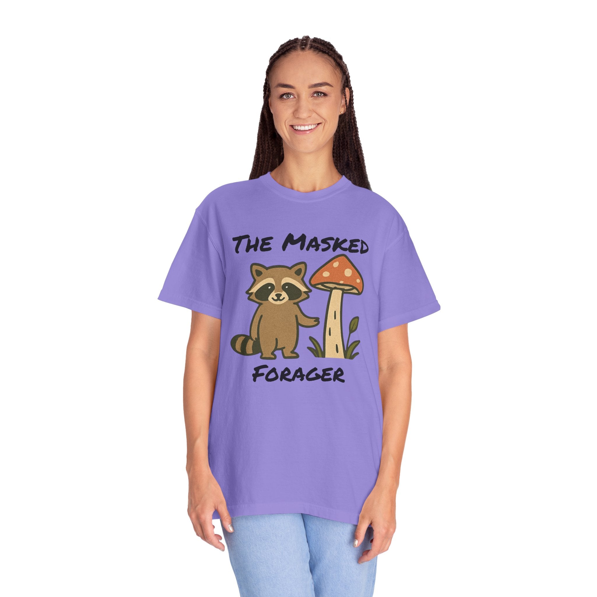 The Masked Forager T-Shirt — Cute Raccoon & Mushroom Foraging Tee