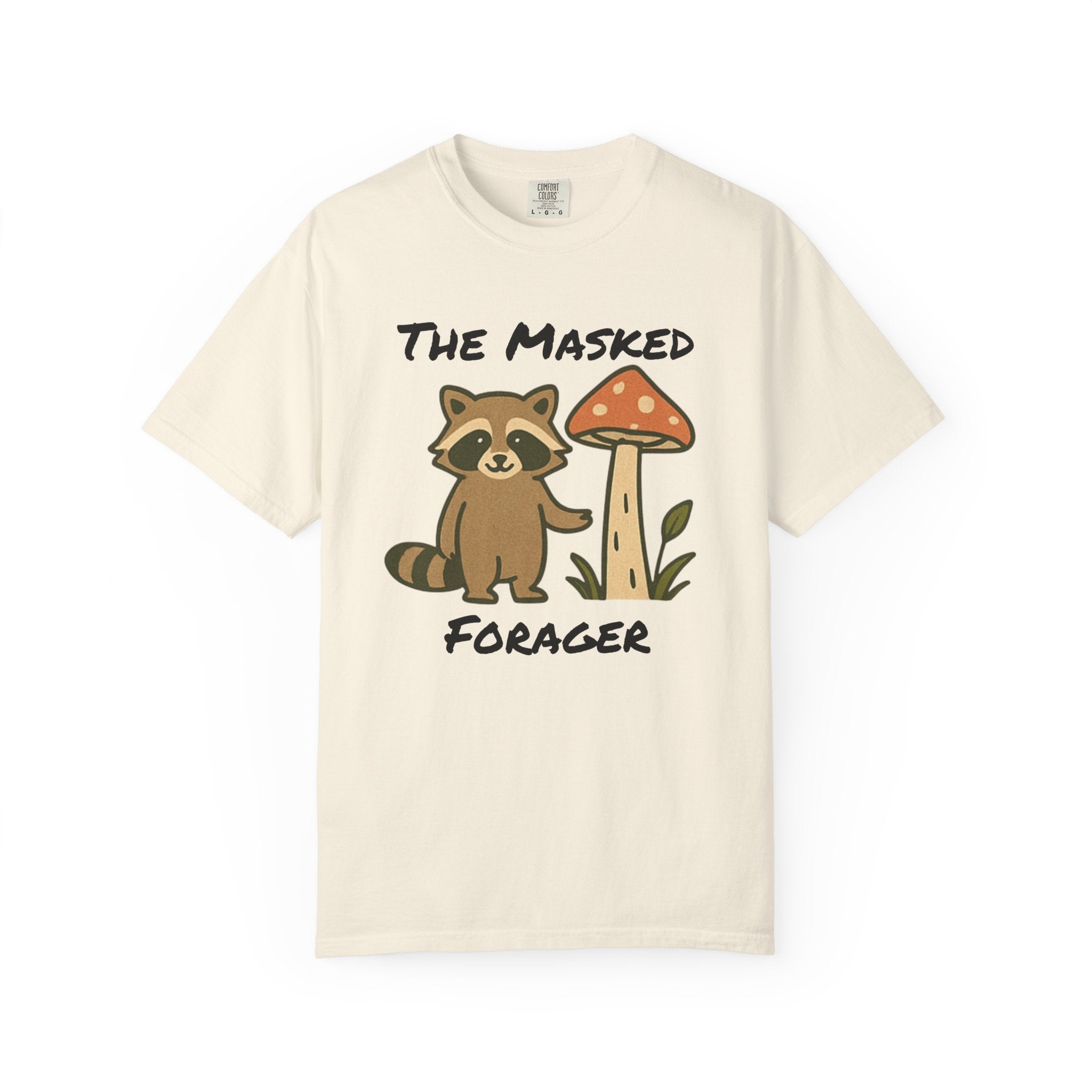 The Masked Forager T-Shirt — Cute Raccoon & Mushroom Foraging Tee
