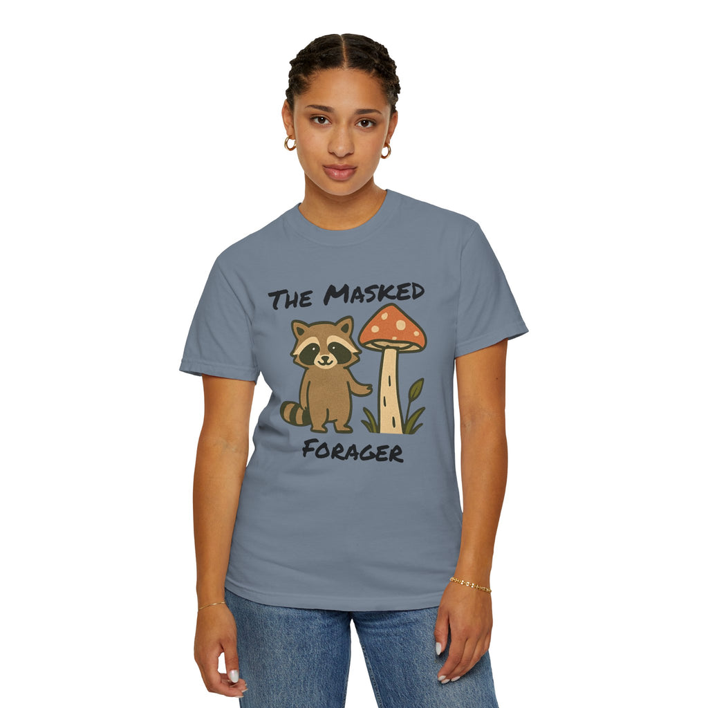The Masked Forager T-Shirt — Cute Raccoon & Mushroom Foraging Tee