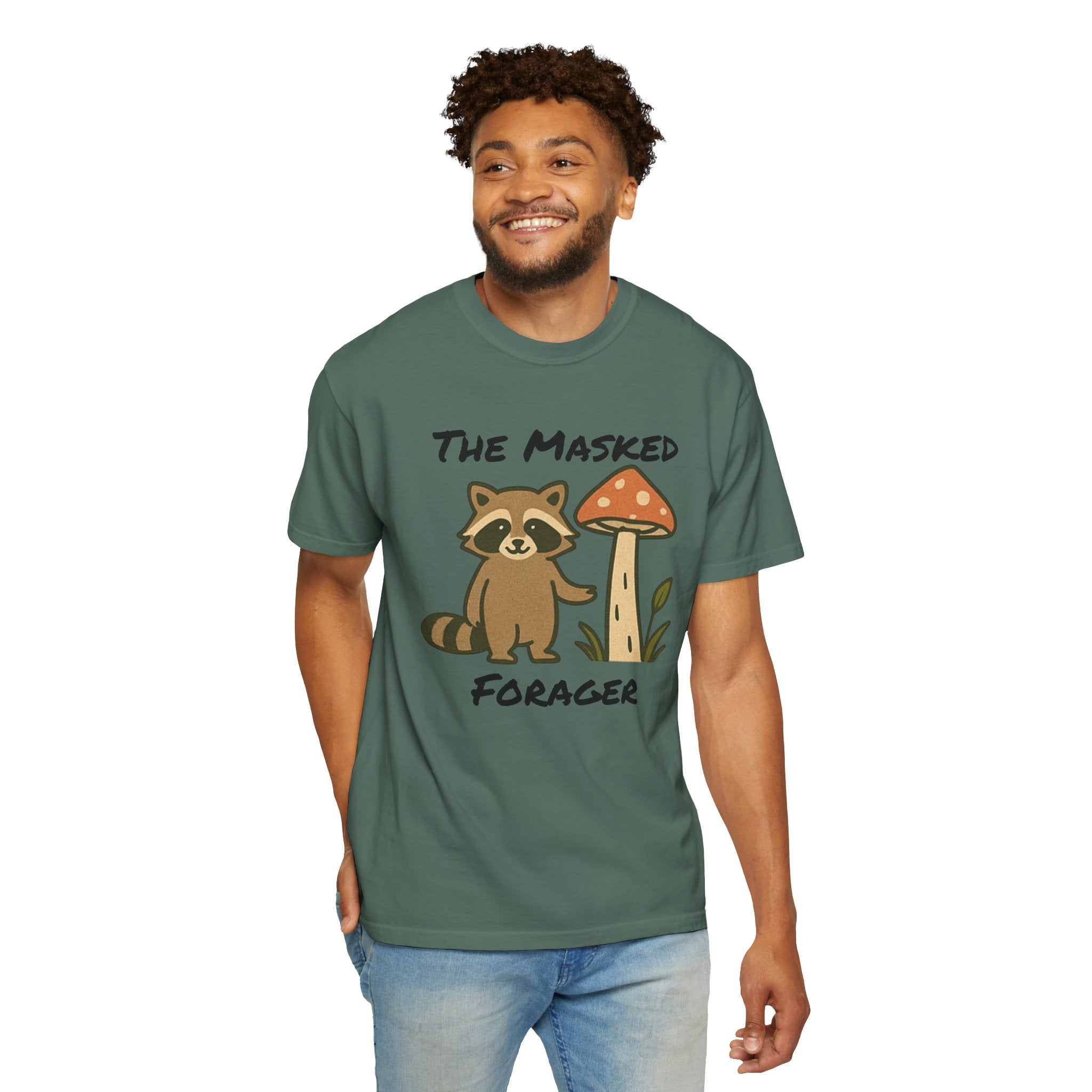 The Masked Forager T-Shirt — Cute Raccoon & Mushroom Foraging Tee