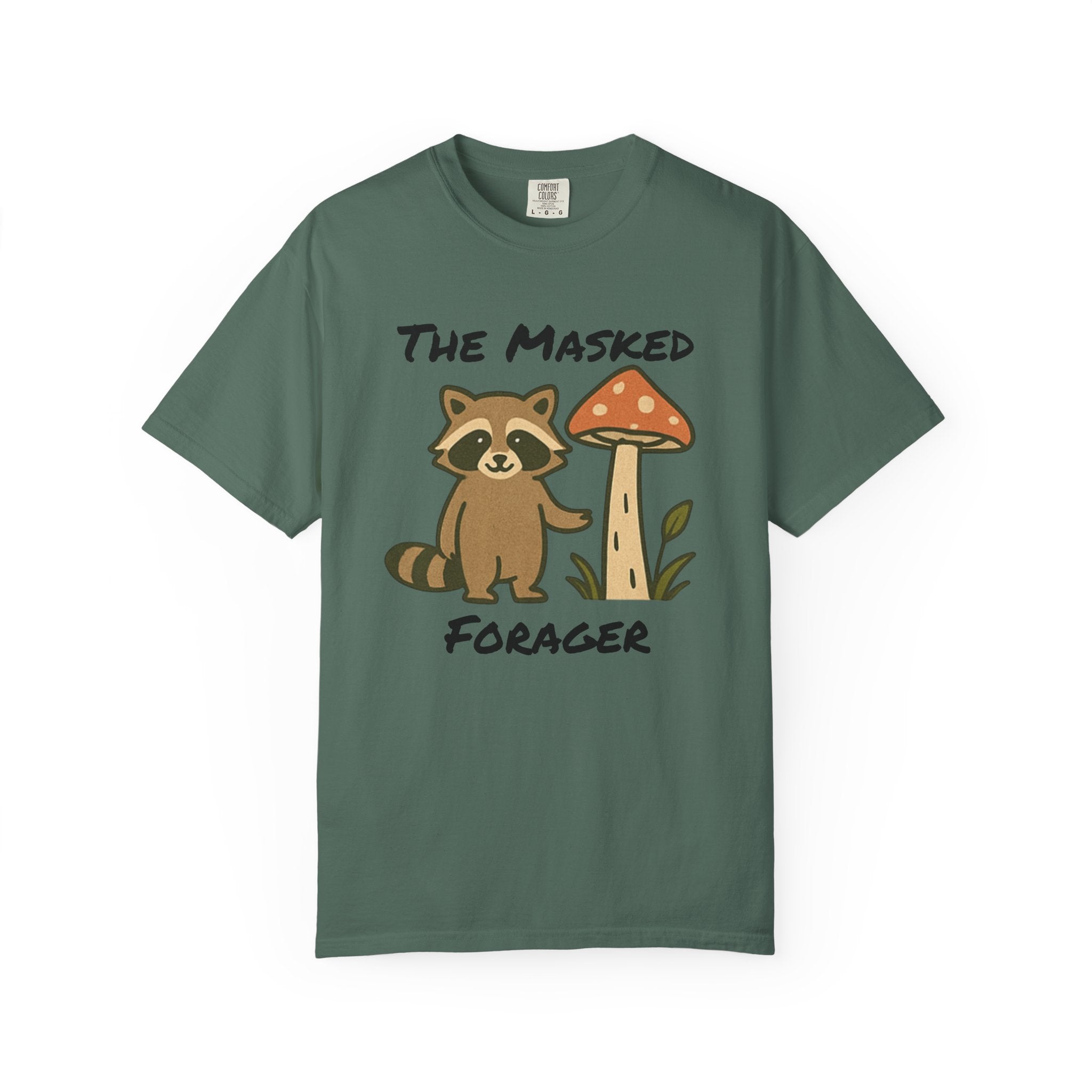 The Masked Forager T-Shirt — Cute Raccoon & Mushroom Foraging Tee